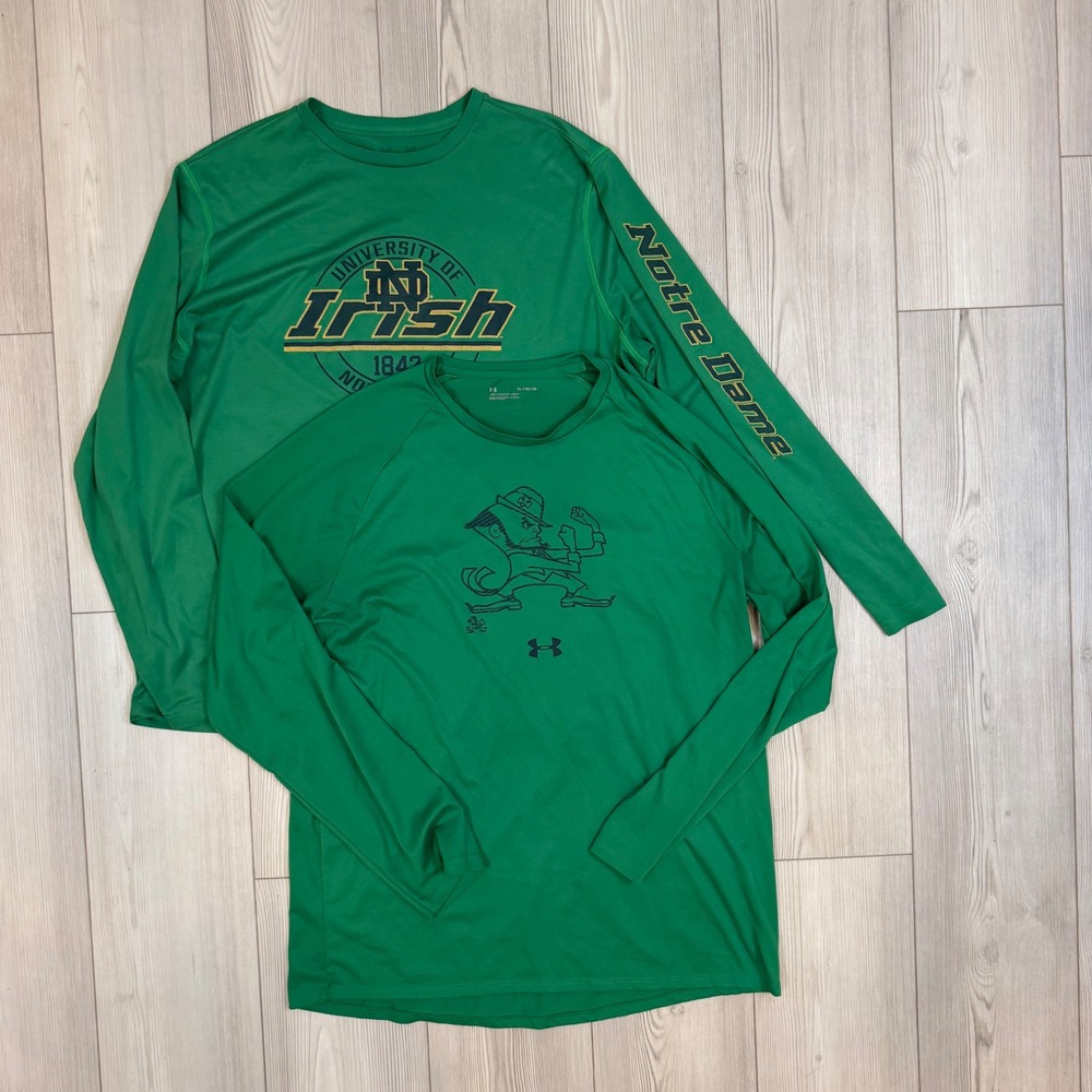 Under Armour Notre Dame Fighting Irish Long Sleeve Shirt Lot of 2 Green XL Mens